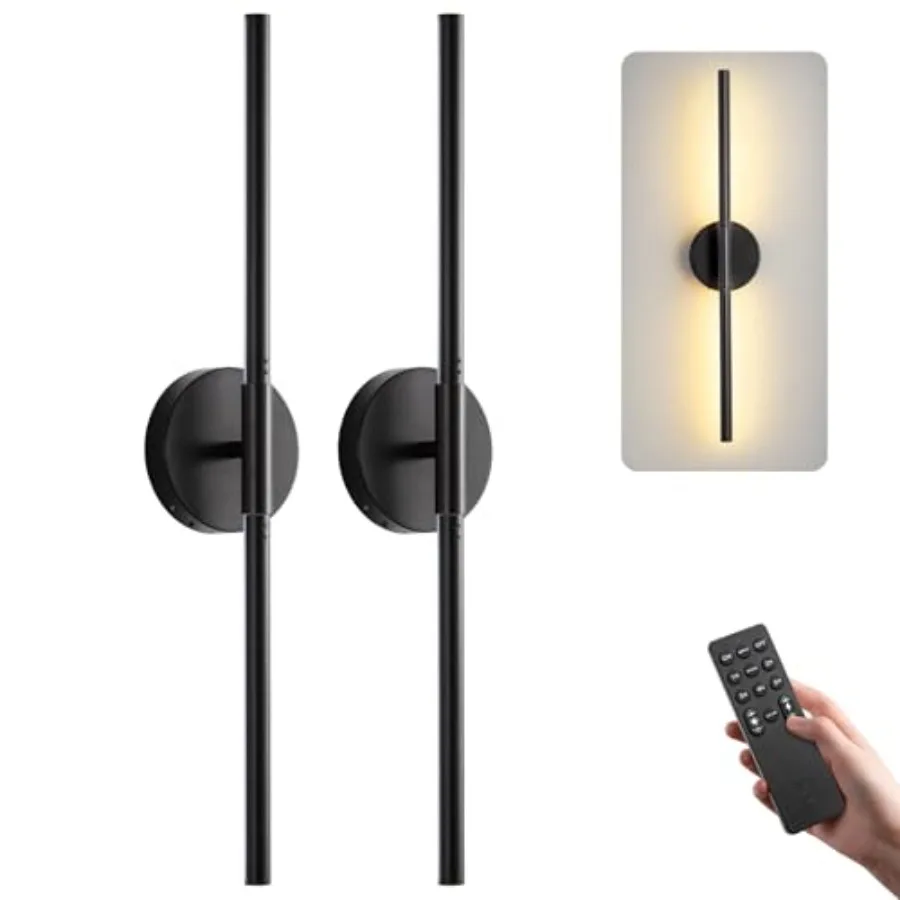Battery Operated Wall Sconces Set of 2, Rechargeable LED Wall Lights with Remote and Touch Control, 350 Rotatable, 30 Inch Bla