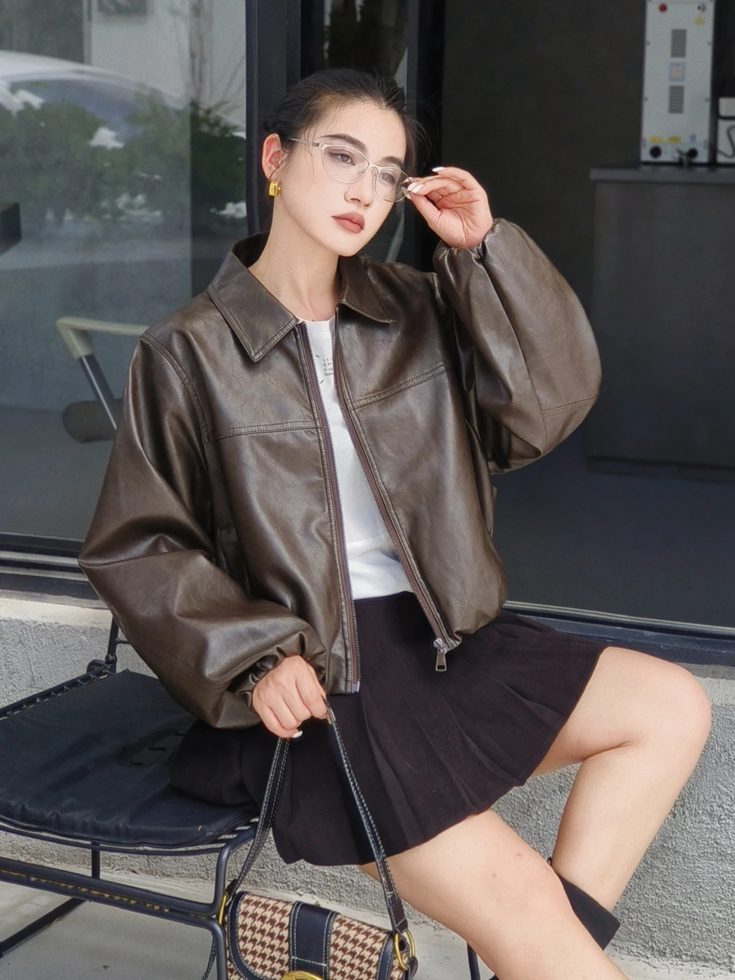 ort Bla Leder Jaet Damen Frühling Herbst Lose Flip Kragen Cool Street Sle Kleine Größe Einfache Jaet Top PU Leder