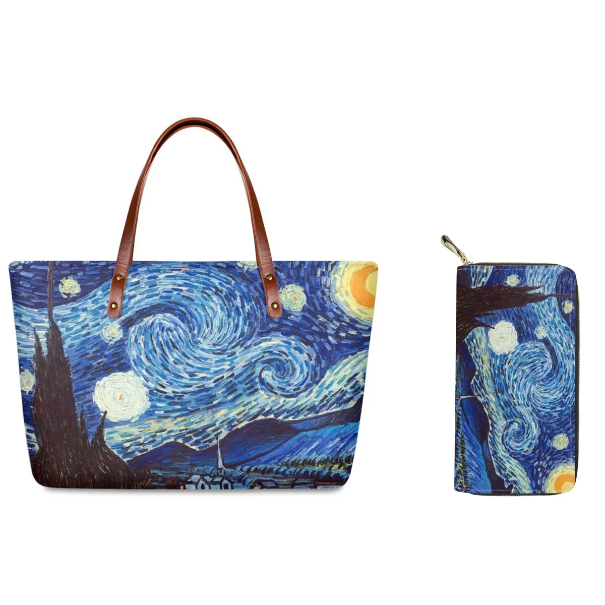 Noble Handbag Leather Wallet Combination Van Gogh Oils Painting Starry Sky Large Capacity Bucket Handbags Fashion High Street