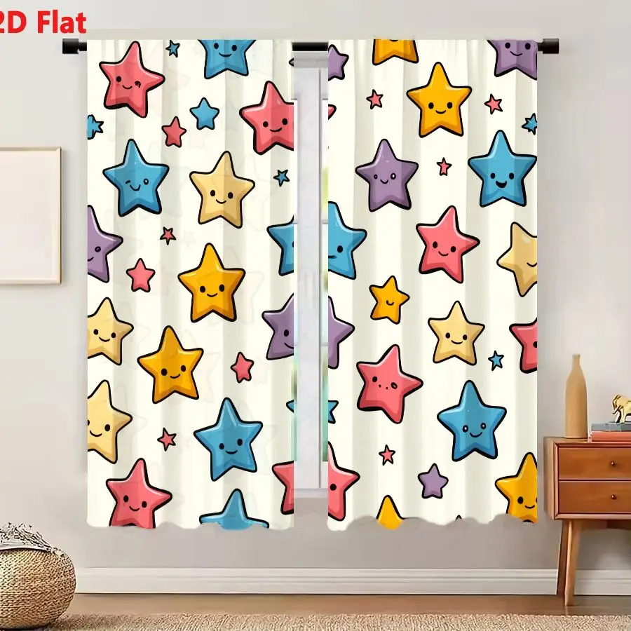 2Pcs Curtains 2D Flat Cheerful Whimsical Seamless Pattern With Cute Cartoon Stars On Pale Cream Background For Children Products