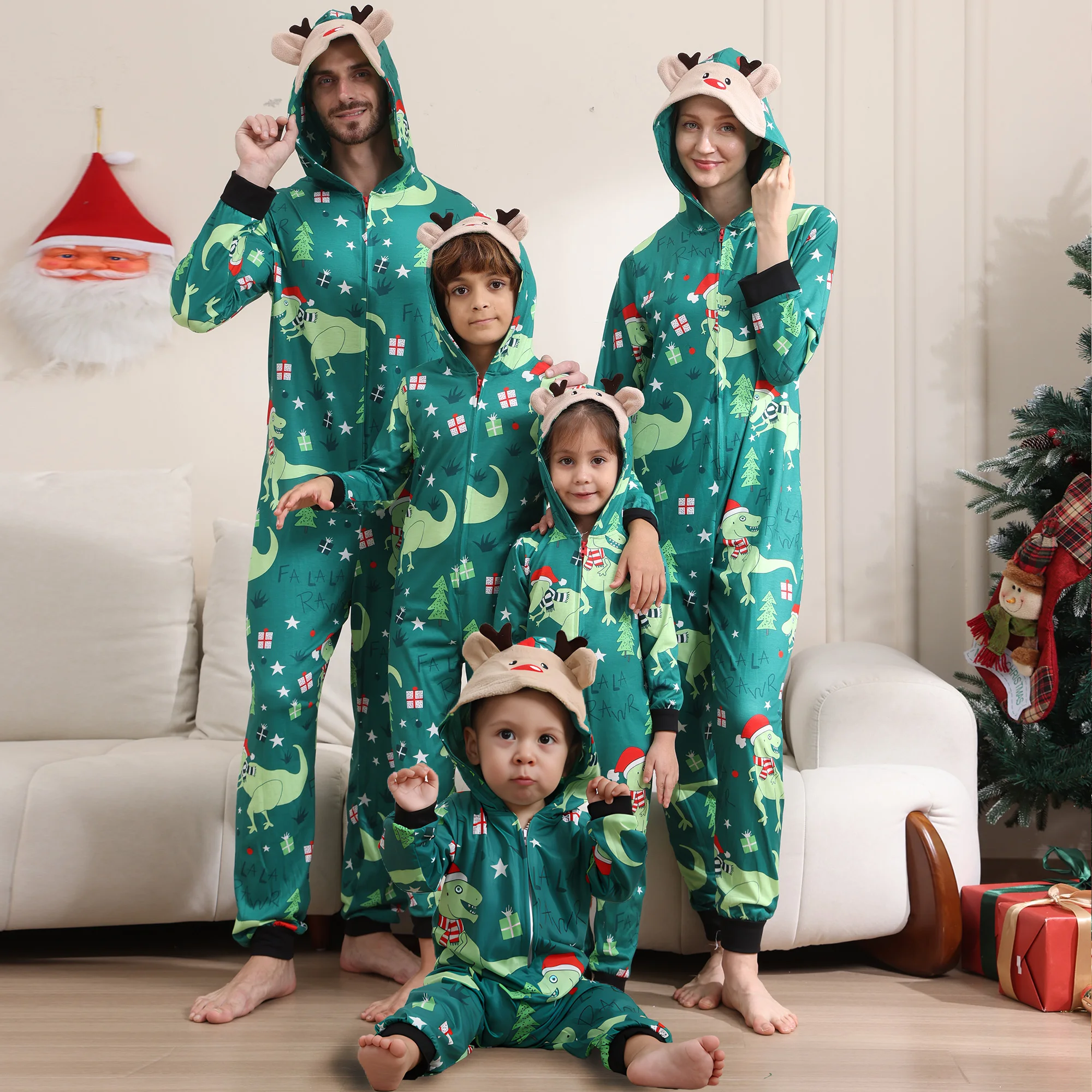 Natal família pai-filho roupas bonito dos desenhos animados bonito macacão impressão completa pijamas de manga longa natal com capuz zíper macacão