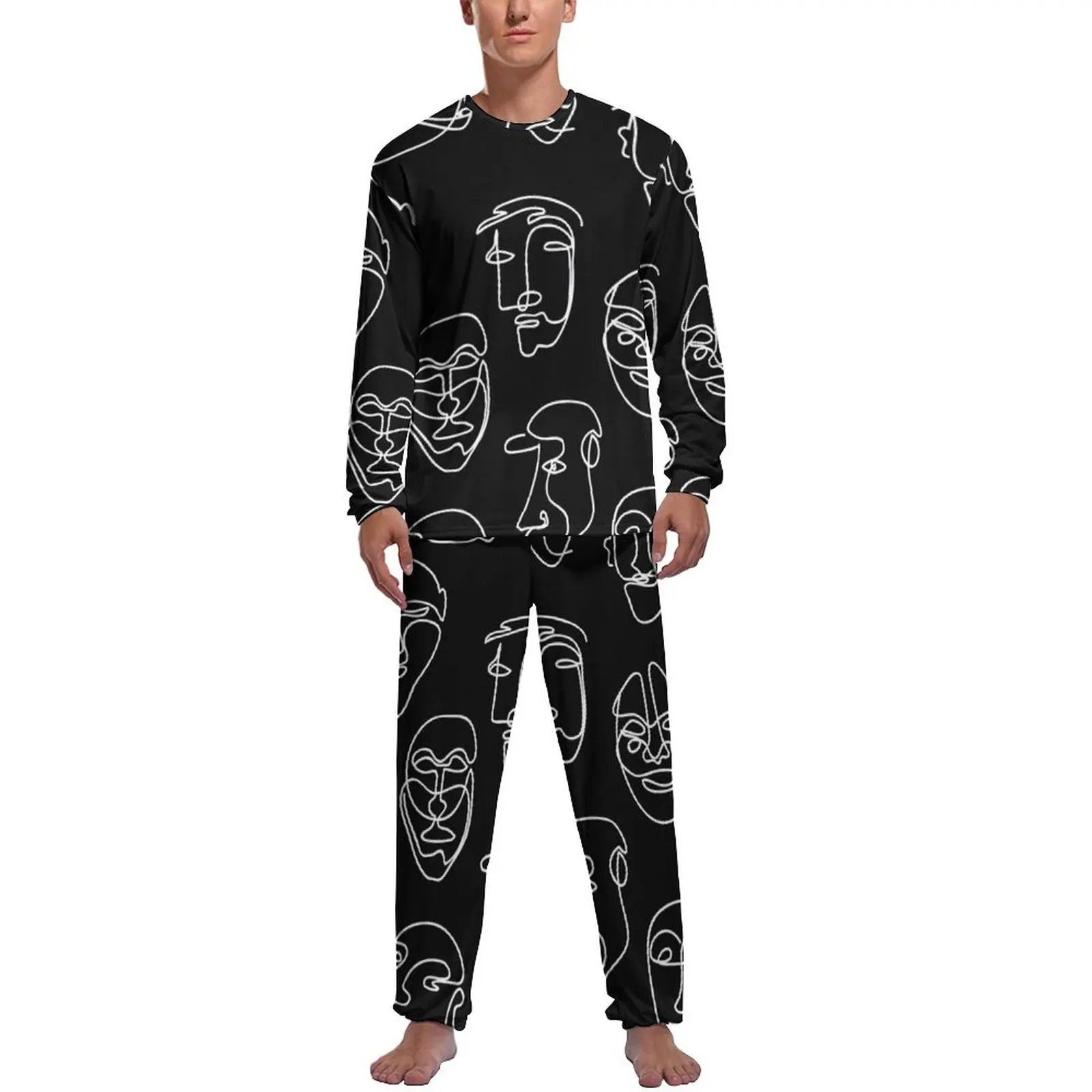 Single Line Face Design Pajamas Winter Abstract Art Casual Sleepwear Men 2 Pieces Graphic Long-Sleeve Trendy Pajama Sets