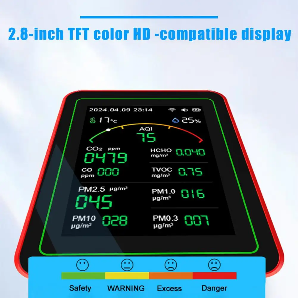 جهاز اختبار Pm2.5 جهاز مراقبة الهواء الداخلي مع شاشة عرض لـ Co Co2 Hcho Tvoc Aqi Pm0.3 Pm1.0 Pm2.5 Pm10 ميزان الحرارة للمنزل