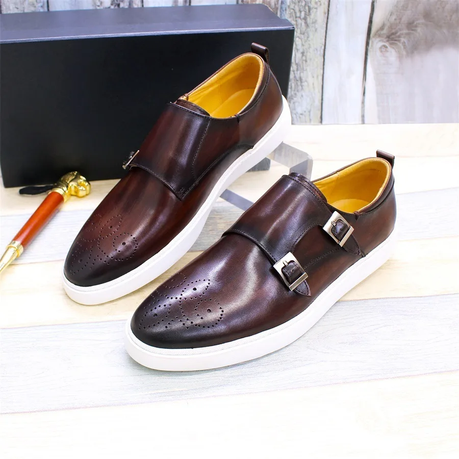 Casual Leather Suede Summer New Korean Version Small White British Style Top Layer Cowhide Double Button Board Daily Men's Shoes