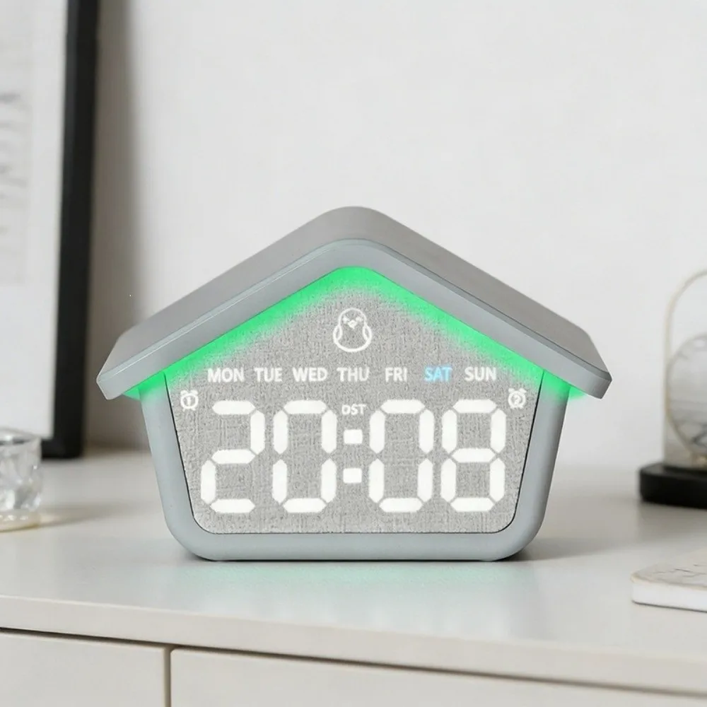 House Shaped LED Digital Alarm Clock Week Date 2 Alarms Electronic Clock Brightness Adjustment with Ambient Light Desk Clock