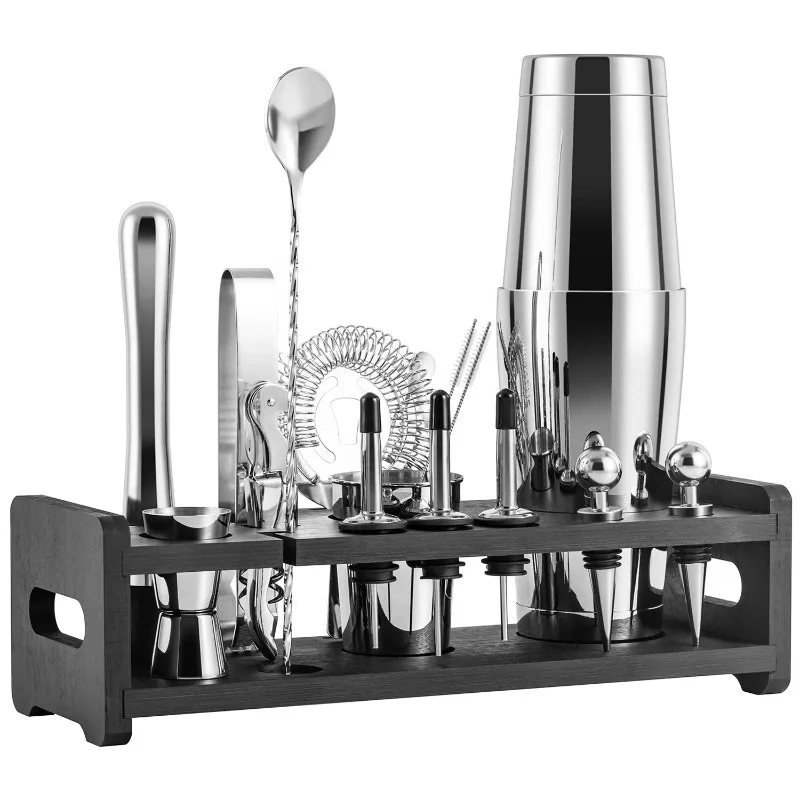 Professional All-Round Bar Mixology Set, 22Pcs Stainless Steel Boston Cocktail Shaker Complete Bartender Tools With Wooden Stand