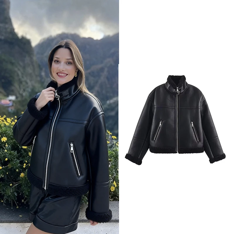 

Женская модная меховая интегрированная куртка 2025 года, женская короткая куртка на молнии с длинным рукавом, женская осенне-зимняя верхняя одежда для отдыха