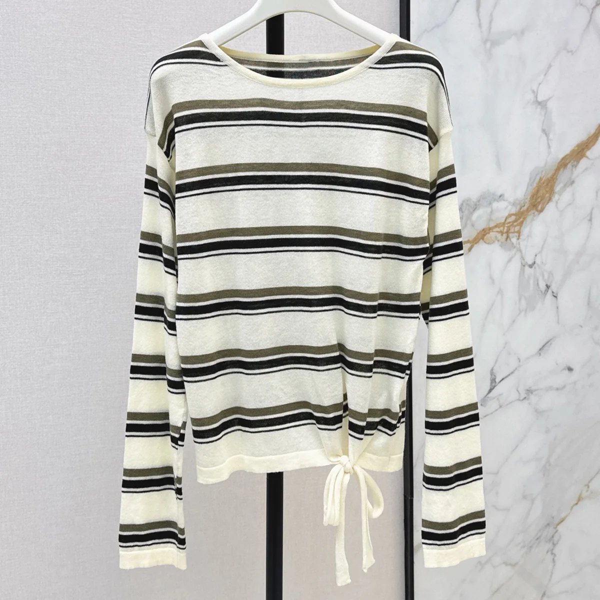 High Quality Women Round Neck Striped Long Sleeve Tops Side Drawstring Cropped Casual Blouse lyt2672894