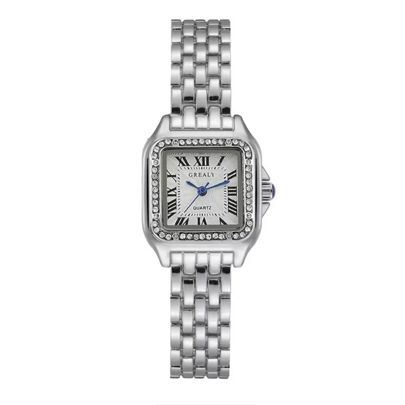 Correa de acero inoxidable para mujer, reloj cuadrado con diamantes de imitación, decoración de números romanos, relojes de pulsera de cuarzo, reloj de esfera pequeña de negocios