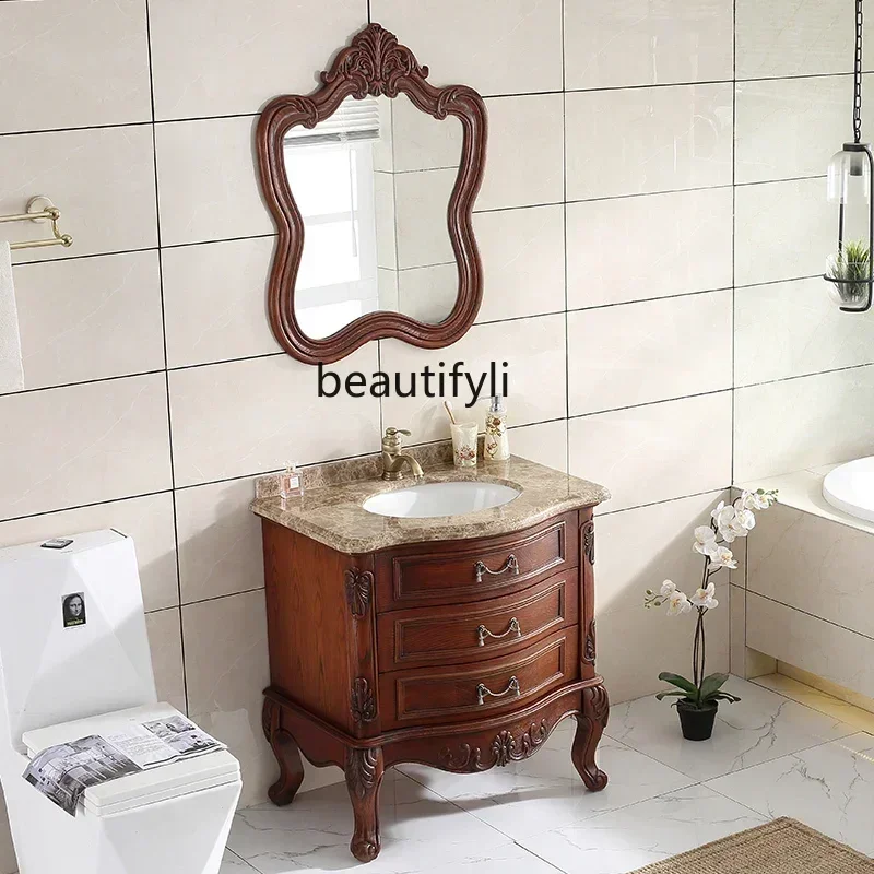 

American Red Oak European Bathroom Cabinet Small Apartment Wash Basin Cabinet Combination Solid Wood Washstand