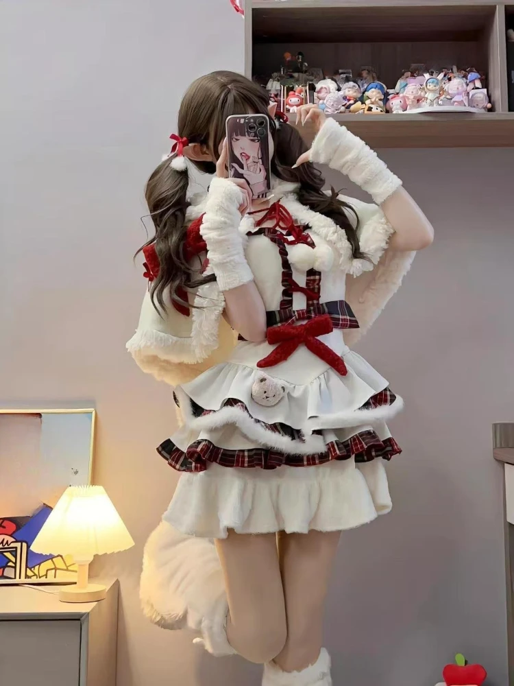 عيد الميلاد الحلو Kawaii لوليتا 2 قطعة مجموعة المرأة لطيف عباءة منقوشة المرقعة فستان منفوش موضة جديدة الجنية ملابس الشتاء الطرف