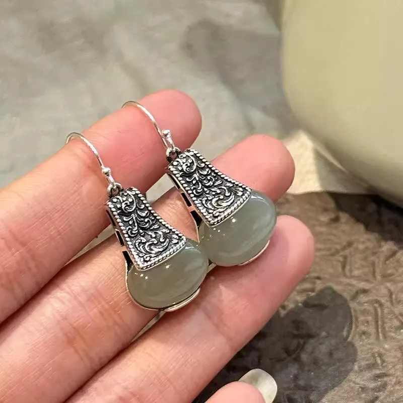 VENTFILLE 925 Silver Hotan Jade Earring for Women Grass Retro Texture Water Drop Trend Ethnic Jewelry Gift Dropshipping