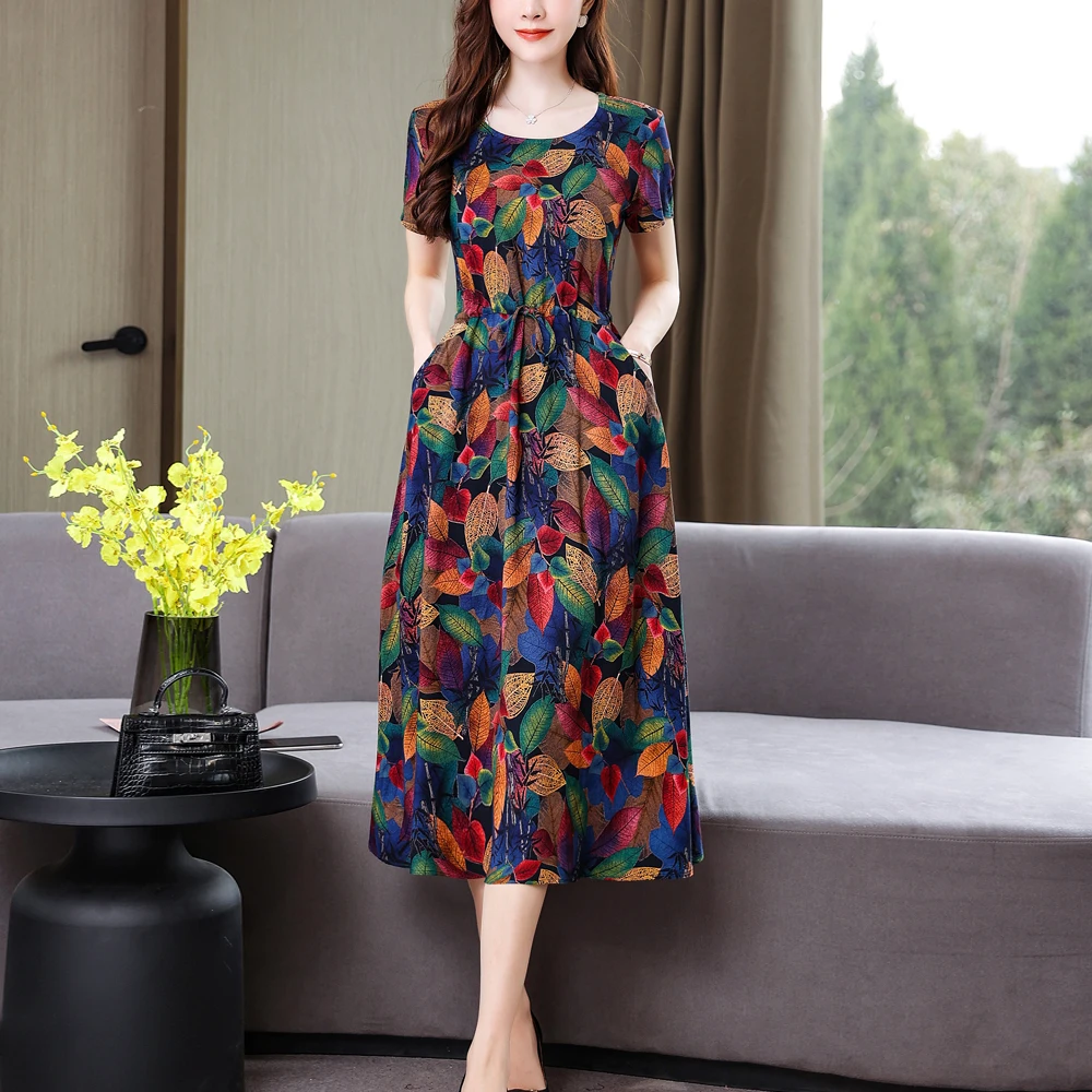 New Fashion Casual 2025 Summer Vintage Dresses O-Neck Print Floral Elegant Party Dress For Women Slim Plus Size Women Clothing