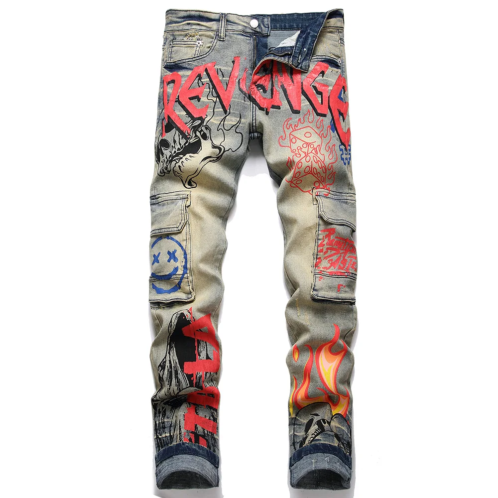 Männer Graffiti Print Stretch Denim Jeans Flamme Schädel Teufel Painted Dünne Verjüngt Hosen Streetwear Vintage Taschen Cargo Hosen