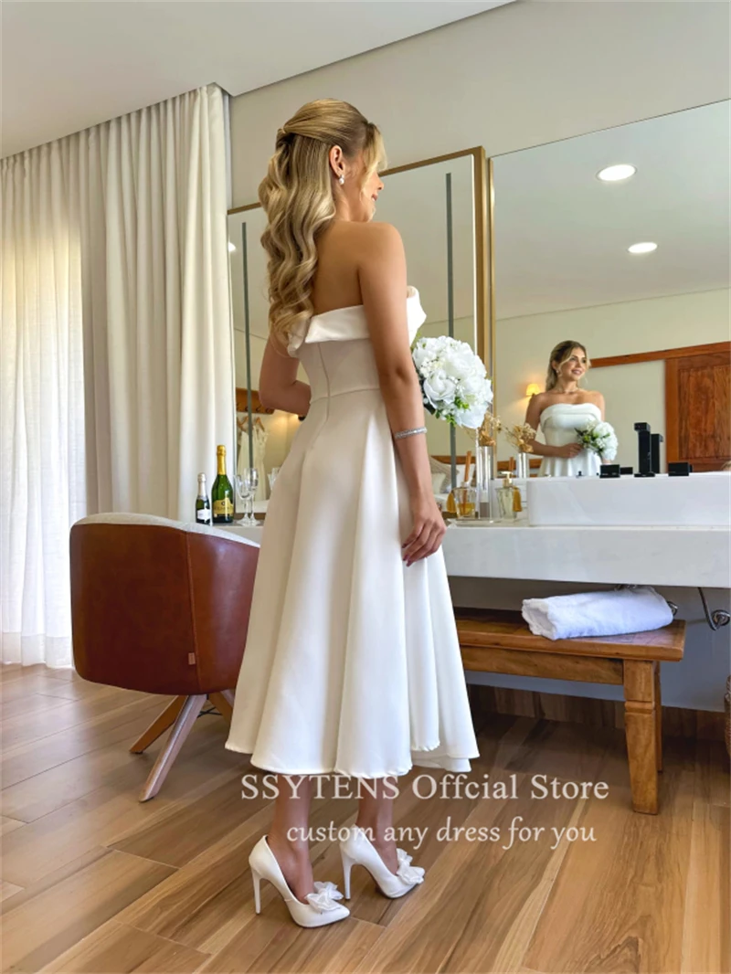 SSYTENS Simple Strapless ซาตินชุดแต่งงานที่กําหนดเองผู้หญิงแขนกุดชุดเจ้าสาวข้อเท้าความยาว Midi ชุดเจ้าสาวชุดราตรี