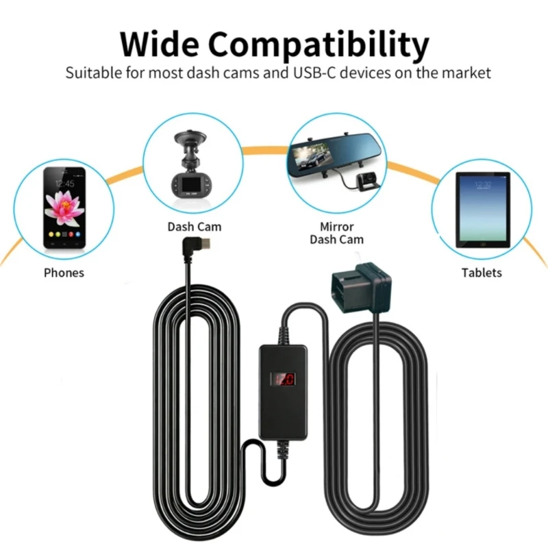 OBD Power Supply Cable 12V24V to 5V Converters 3.26M Length Plastic Texture for Car Camera with Low Voltages Protections H8WD