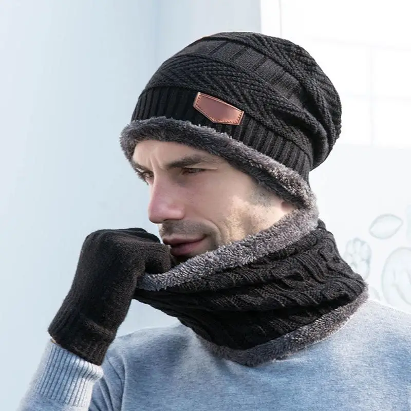 Touch Screen Gloves Circle Scarf Winter Hat Scarf Gloves Knit Skull Cap Scarf Set For Men Warm Slouchy Beanie Snow Kit