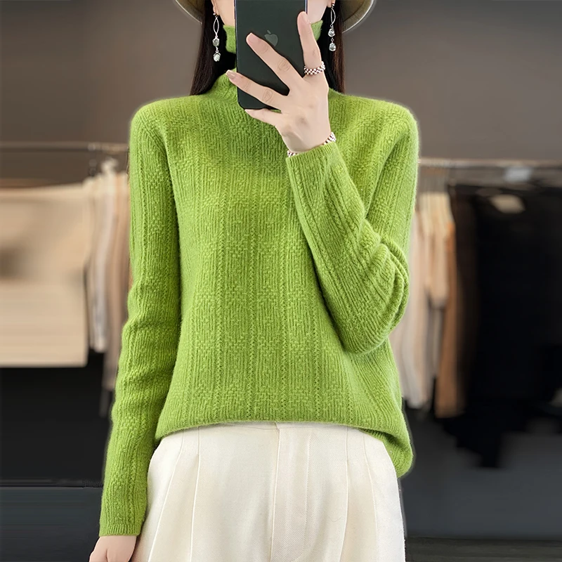 

New autumn and winter women's sweater 100% merino wool turtleneck Waffle long sleeve cashmere bottoming shirt