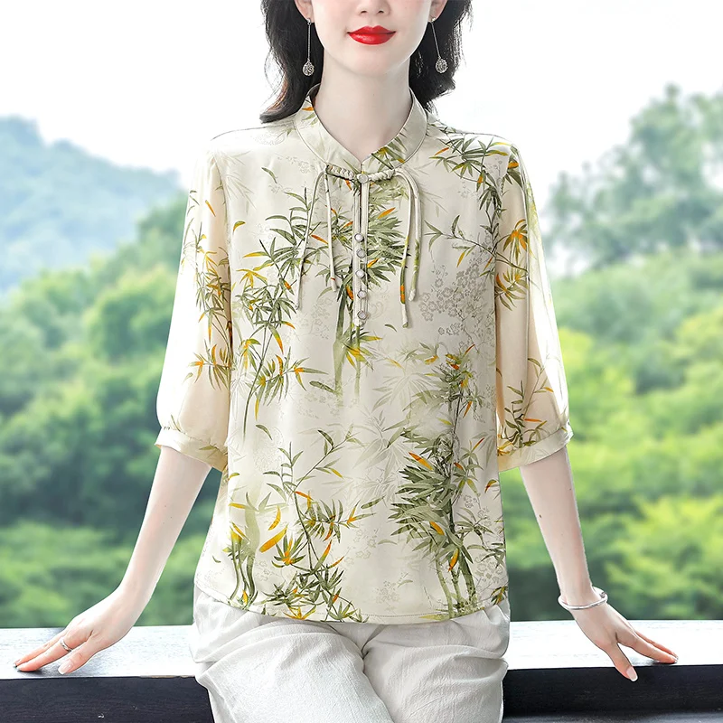 2024 Spring and Summer Women\'s New Stand Collar Pullover with Chinese National Style Printed Chiffon Button Fashion Style Shirt