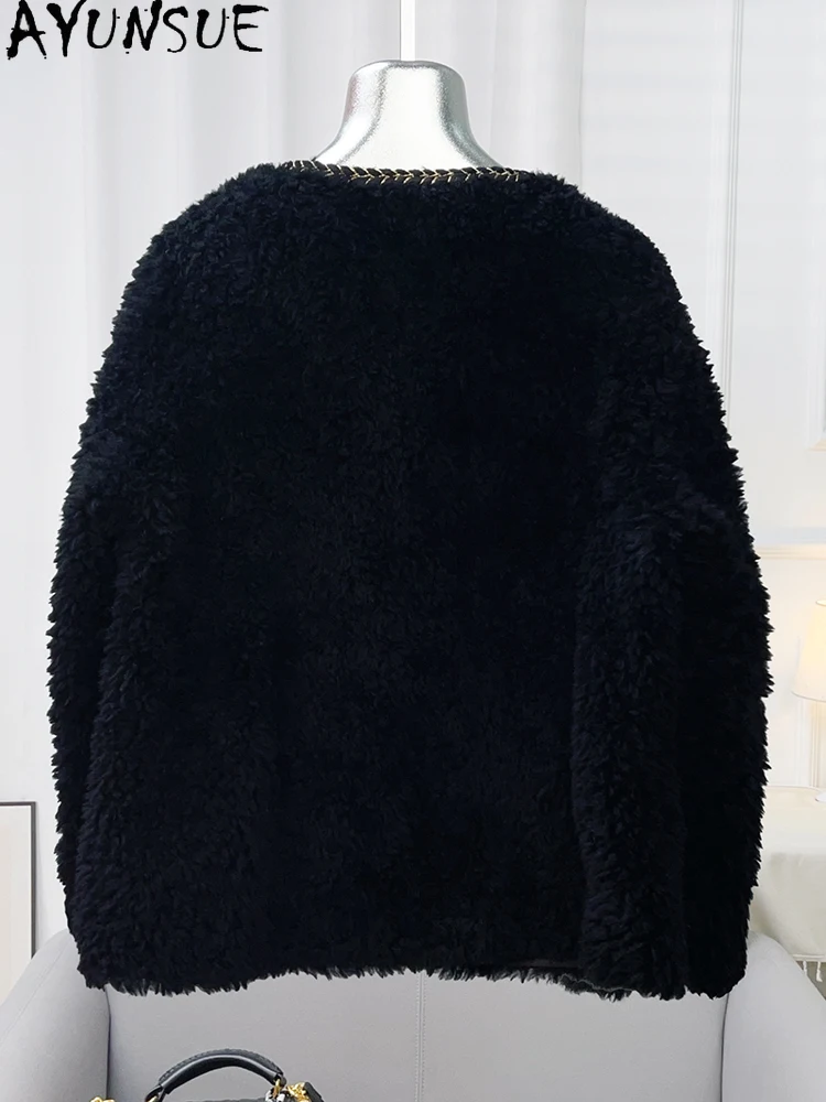 سترة نسائية من الصوف الطبيعي 100% من AYUNSUE لخريف وشتاء 2025 سترة من فرو الضأن الحبيبي ملابس نسائية جديدة في ملابس خارجية Abrigo Mujer