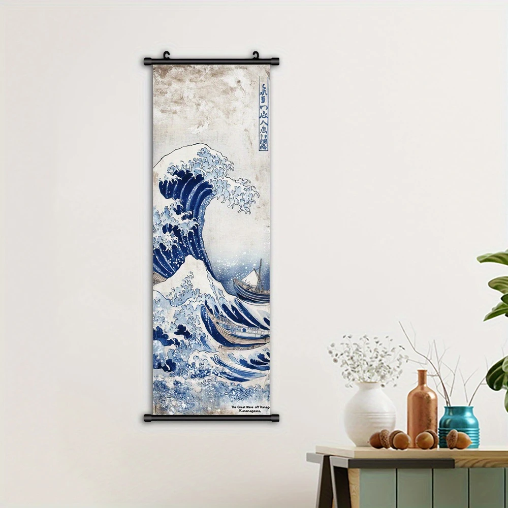 VIKAMA Kanagawa Surfing Scroll Tapestry Japanische Ukiyo-e Wave Schmaler Wandbehang für Schlafzimmer, Wohnzimmer, Heimdekoration, Wandkunst