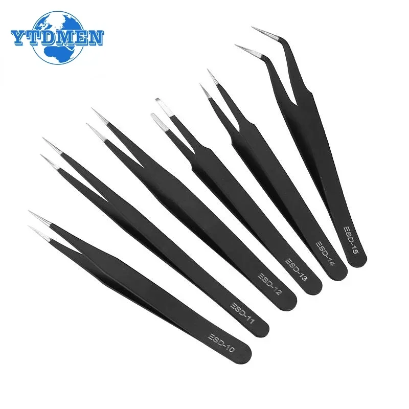 2/6pcs Anti Static Tweezers ESD-10/11/12/13/14/15 ESD Stainless Steel Tweezer Electronics Repair Tools Set