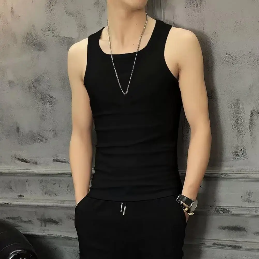 

Men Summer Vest Sleeveless Pure Color O Neck Slim Fit Elastic Pullover Soft Breathable Gym Exercise Sport Vest Clothing Tank Top