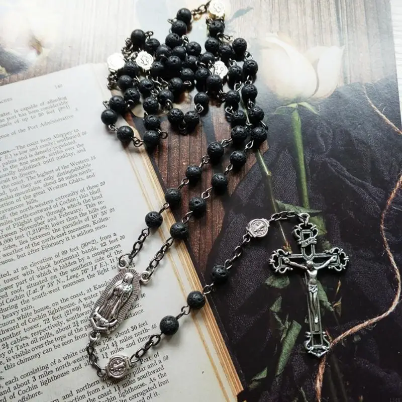 L9BE Rosary Beads Long Necklace with Jesus Christ Crucifix for Cross Catholic Prayer Pendant Party Gift for Men Women