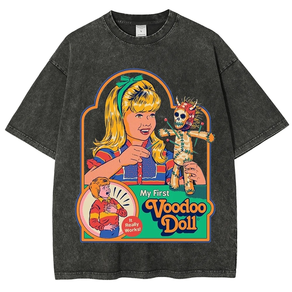 My First Voodoo Doll Retro Cartoon Print T-shirt Vintage Wash Oversized Unisex Gothic Halloween Streetwear Tee Casual Tops