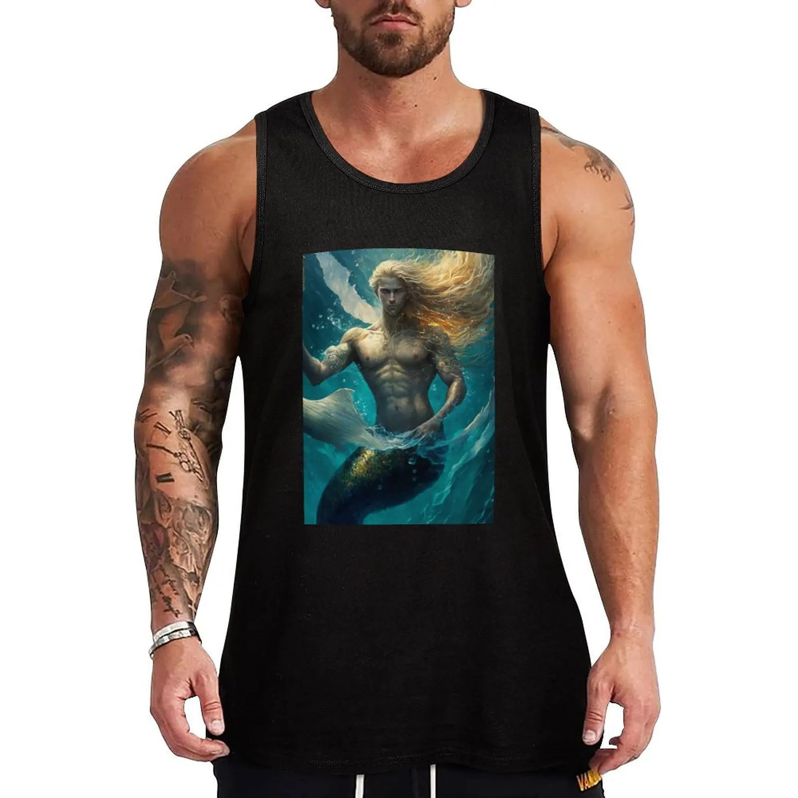 

Angelic Blue Eyed Merman with Golden Blonde Flowing Hair in Aqua Hues! Tank Top Male vest sports vest