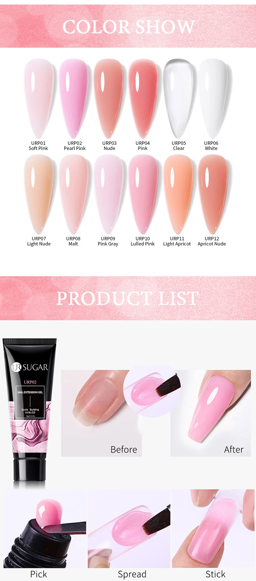 UR SUGAR 15 ml Quick Nail Extension Gel Nude Pink Milky White Color Gel Nagellack Semi Permanent Lack UV LED Gel Soak Off – Detail 3