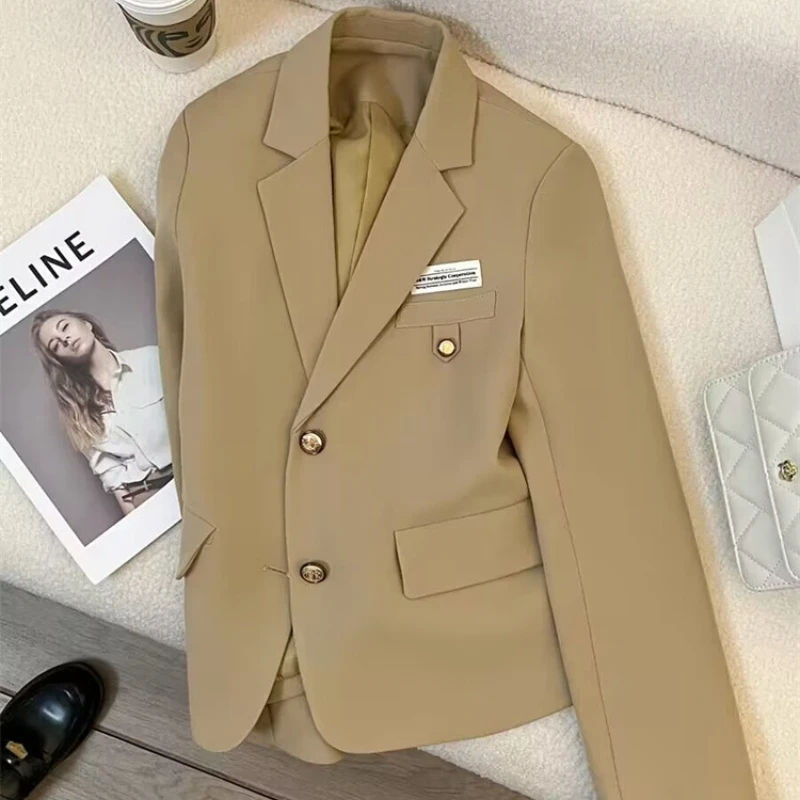 Fashion Simplicity Solid Blazer New Long Sleeves Khaki Short Suit Jacket Autumn 2024 Design Sense College Style Commuting Suit