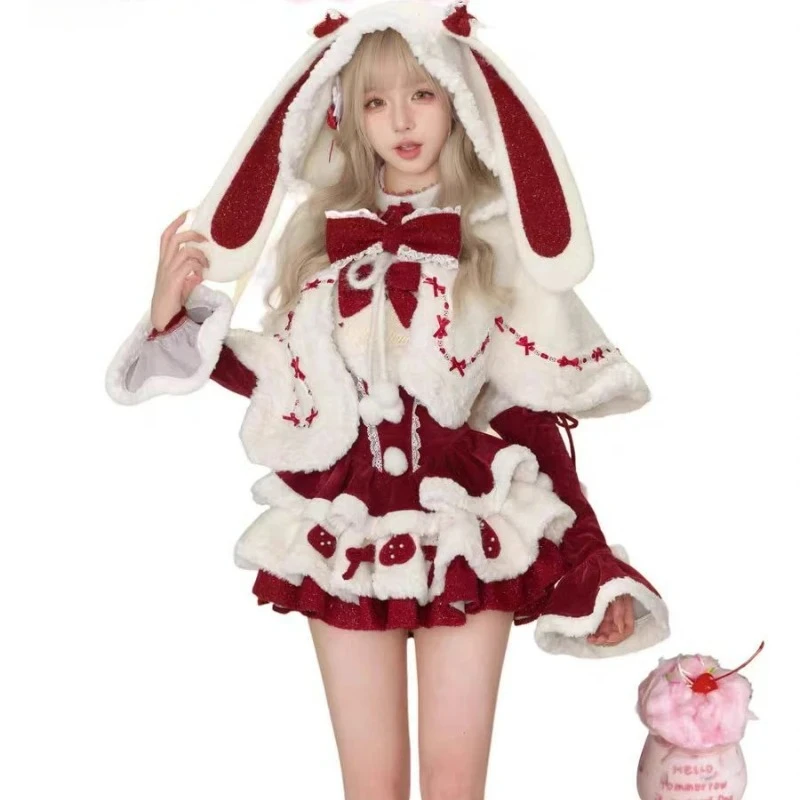 

Kawaii Lolita, комплекты из 3 предметов, женский милый плюшевый плащ с заячьими ушками и капюшоном, пальто с бантом, мини-платья, костюм Y2k в корейском стиле, зимнее Рождество
