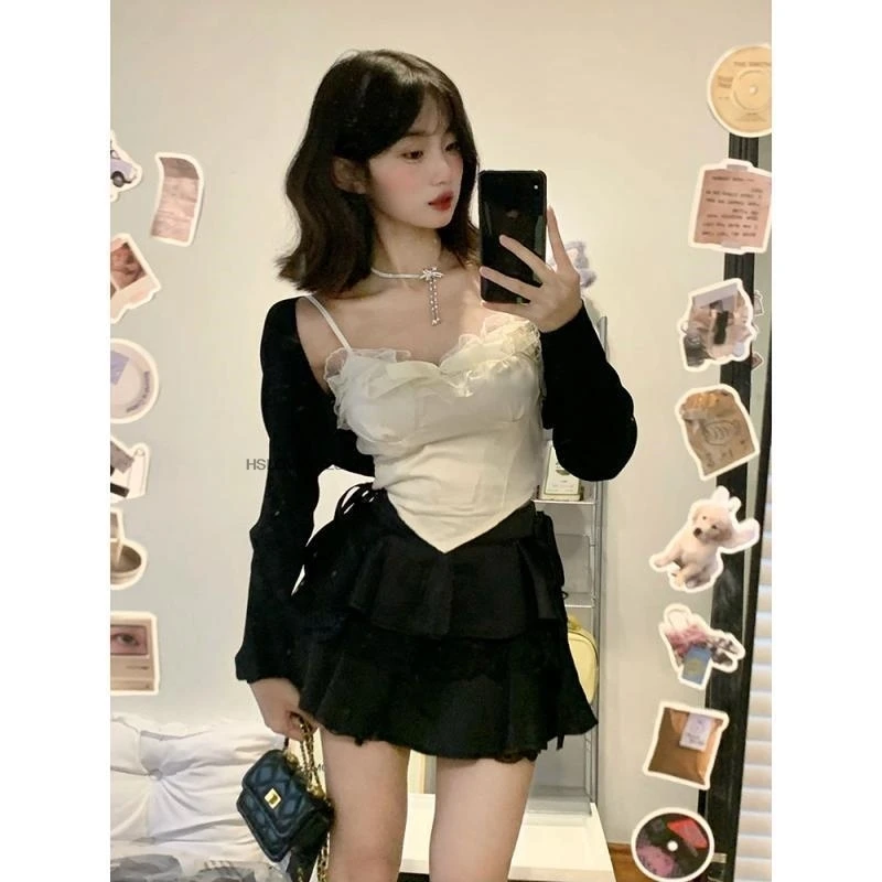 South Korea School Uniform Pure Desire jk Suit for Women Short Cardigan Lace Straps Black Skirt Pants 3 Piece Sets Y2k Clothing