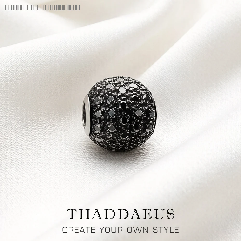 Black Crystal Zircon Stone Micro Pave Ball Charm Bead For Women DIY Europe Fashion Jewelry Making 925 Silver Sterling