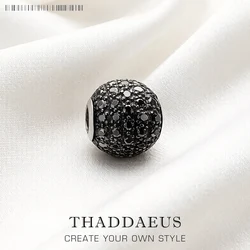 Black Crystal Zircon Stone Micro Pave Ball Charm Bead For Women DIY Europe Fashion Jewelry Making 925 Silver Sterling