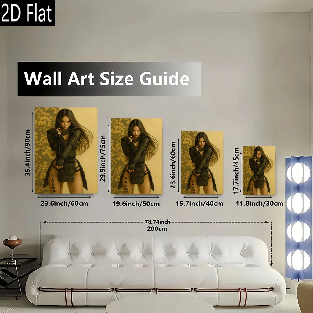 2D Flat, 1pc Samurai Warrior Woman with Sword Wall Art - Frameless Vertical Japanese-Inspired Canvas Poster, Modern Retro Home