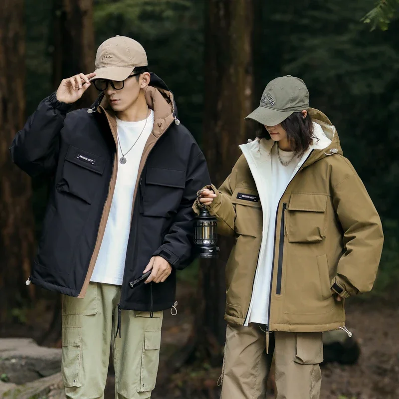 เสื้อแจ็คเก็ตกันลมกันหนาวไซส์ใหญ่บุผ้าฝ้ายสำหรับผู้ชาย เสื้อแจ็คเก็ตขนเป็ดสีขาวแบบมีฮู้ดสำหรับปีนเขา