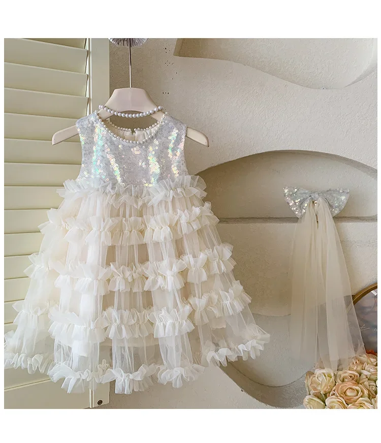 Kid Girl Elegant Ivory Sleeveless Dress for Children Sequin Adorned Upper Bodice Elaborate Layered Ruffled Tulle Casual Skirt