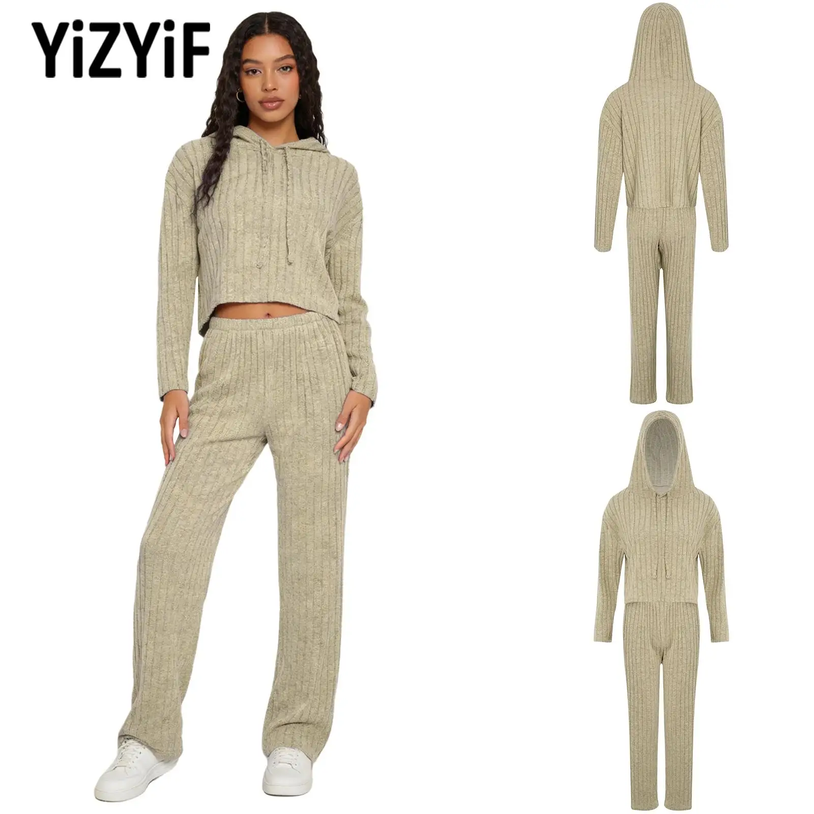 

Женский спортивный костюм из ребристой ткани: худи с длинным рукавом на шнурке и брюки для тренировок, бега, йоги, фитнеса