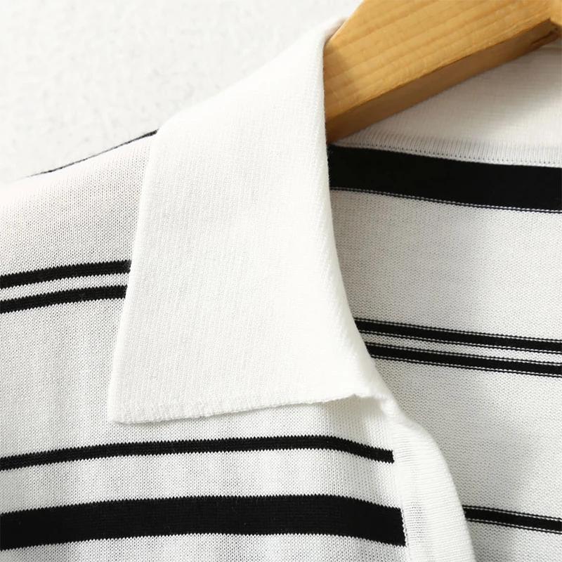 بلوزة نسائية مخططة بياقة على شكل v ، تي شيرت بأكمام قصيرة ، سترة ، بلوفر ، 70% حرير التوت ، 30% قطن ، خطوط ، L ، XL ، XXL ، LY042