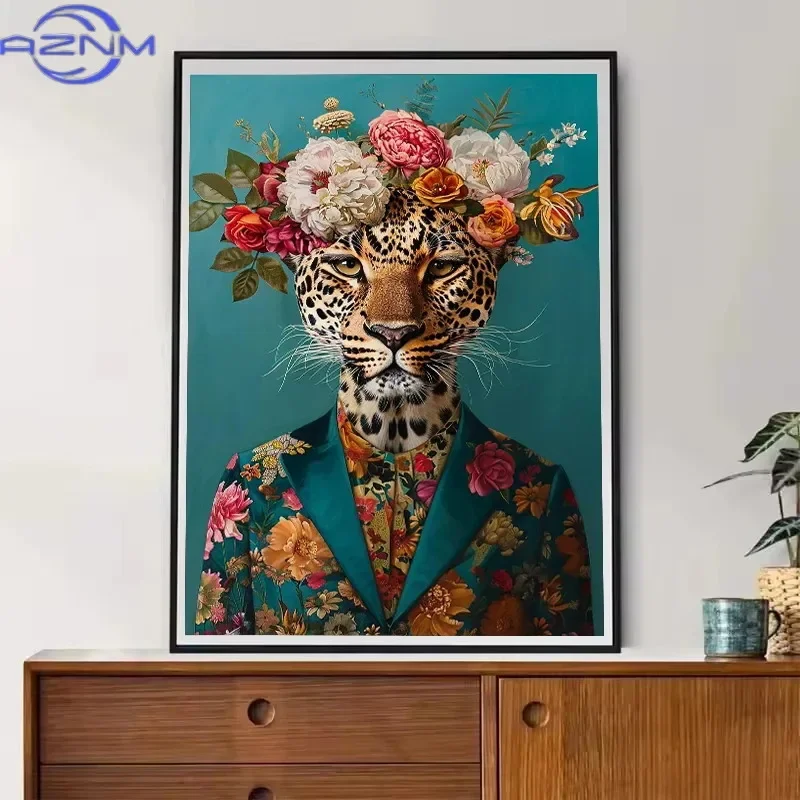 Colourful Flowery Animal Portrait Poster Cheetah Duck Cat Owl Prints Canvas Printing Wall Art Picture for Living Room Home Decor