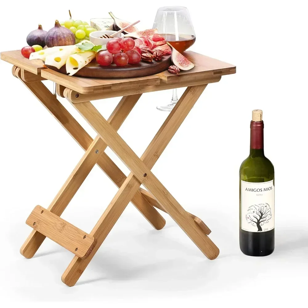 Portable Camping Table Tray Desk Weatherproof Outdoor End Tables for 1-4 Persons Bamboo Wine Picnic Table Glass Holders Deck