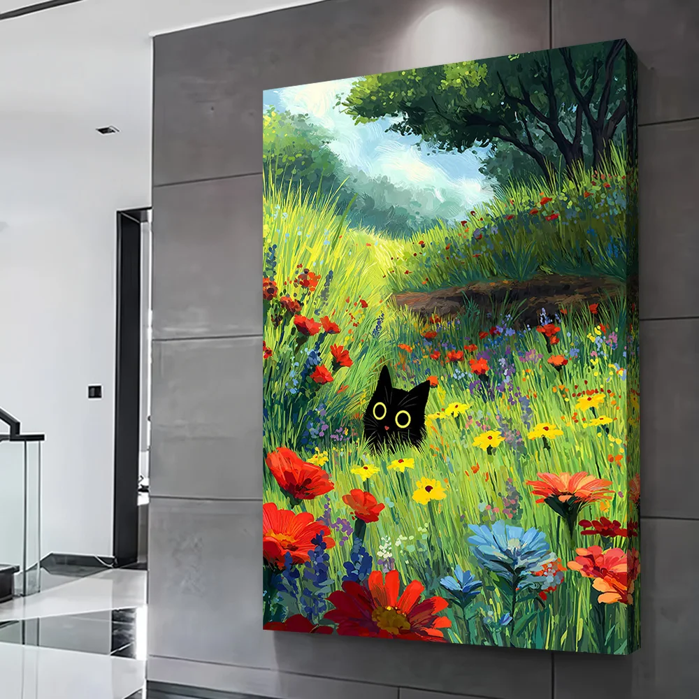 Black Cat in a Flower Field Poster Customizable Printed Canvas Painting Wall Art Gift for Room Decorations Decorative Paintings