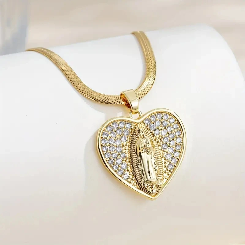 1pc Mary Pattern Heart Shaped Pendant Necklace, with Golden Stainless Steel Flat Chain, Versatile Necklace for Men Women