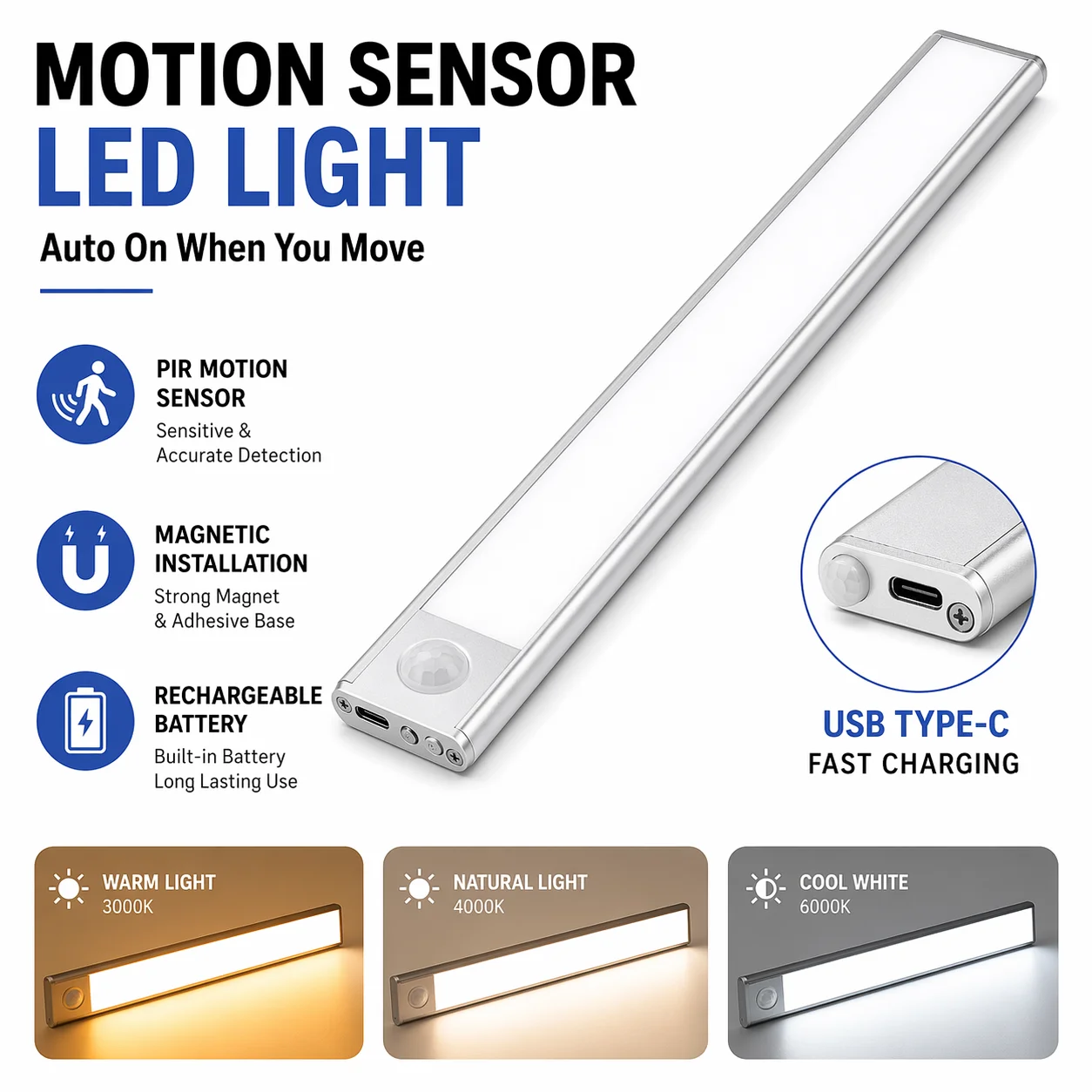 Lampe LED ultra-fine sous armoire 10-30CM, magnétique, rechargeable, avec détecteur de mouvement pour cuisine, placard, atelier