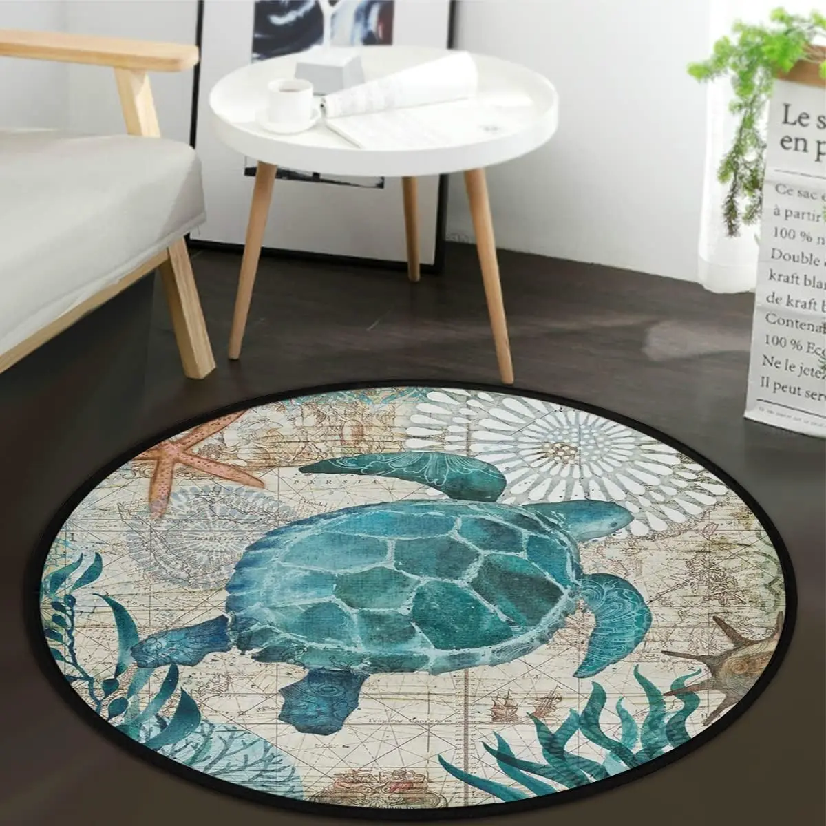 

Sea Turtle Starfish Pattern Round Area Rug Living Room Non-Slip Antifouling Carpet Bedroom Bedside Floormat Chair Mat Home Decor