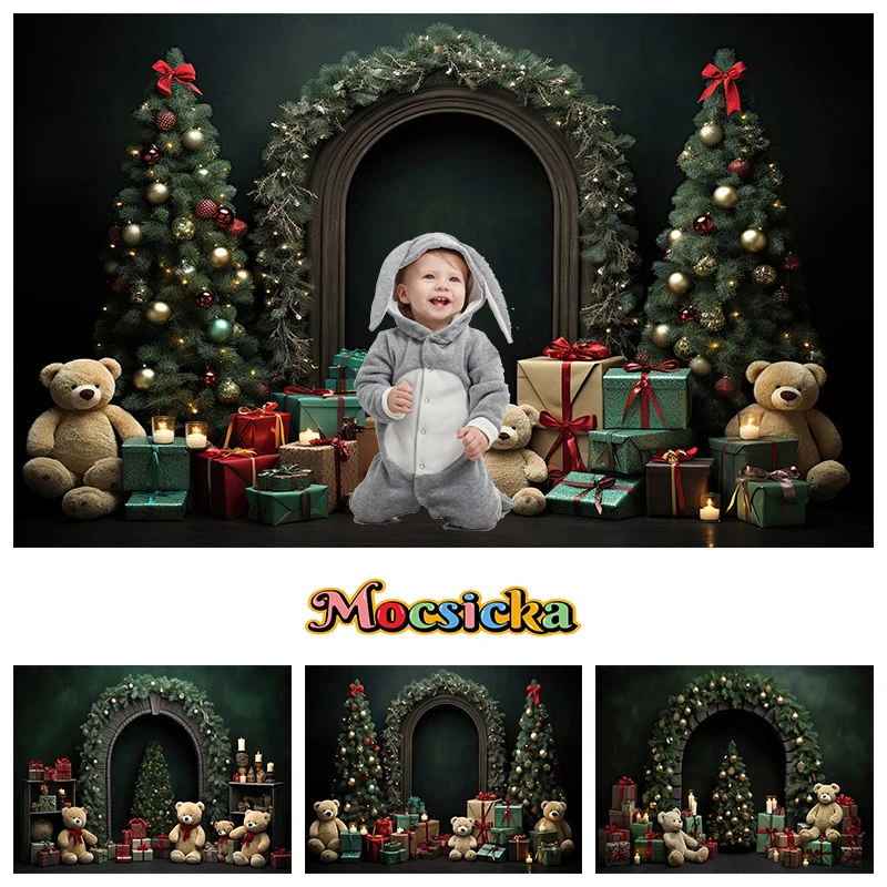 

Christmas Green Wall Backdrop For Photography Props Door Xmas Tree Toy Bear Gift Photo Background Wallpaper Decoration Photozone