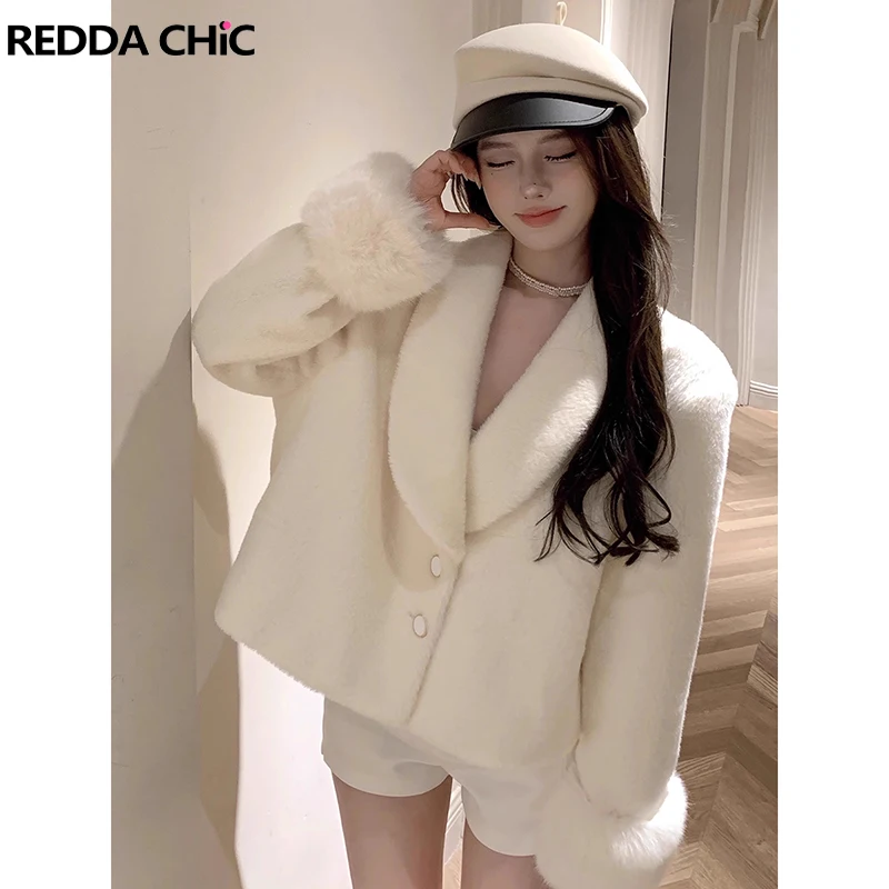 ReddaChic Faux Mink Fur Cropped Quilted Coat Women Solid White Detachable Fur Trim Plush Jacket Pretty Elegant Thermal Outerwear