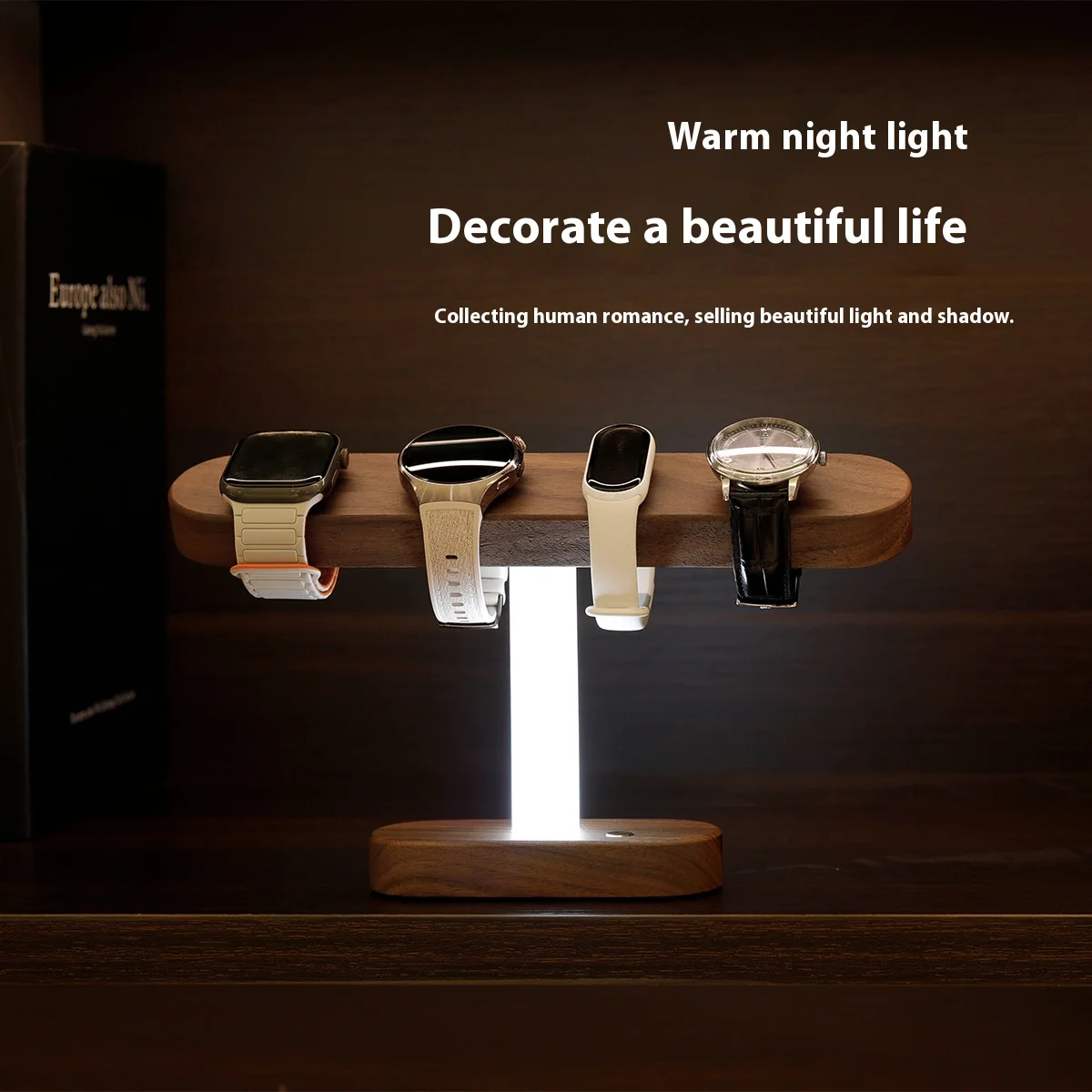 Walnut Wood Jewelry Display Night Light - 3 Color Dimmable USB Rechargeable Watch Holder Bedside Decor Gift Long Lasting Battery